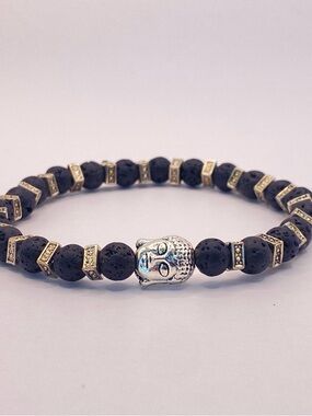 Black Lava Bead Bracelet with Silver Buddha Accent